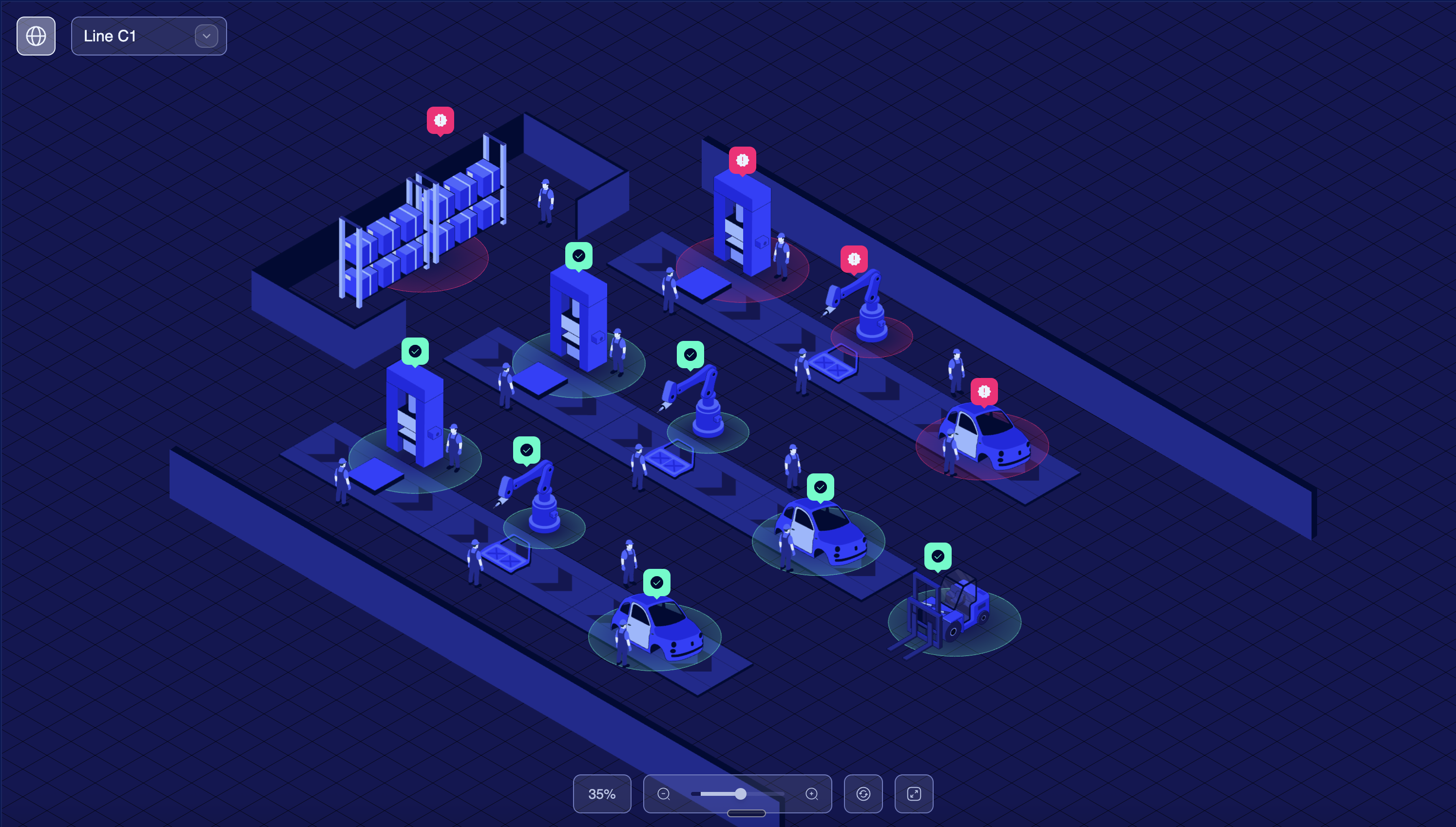Real-time digital twin factory floor with issue detection indicators across workstations